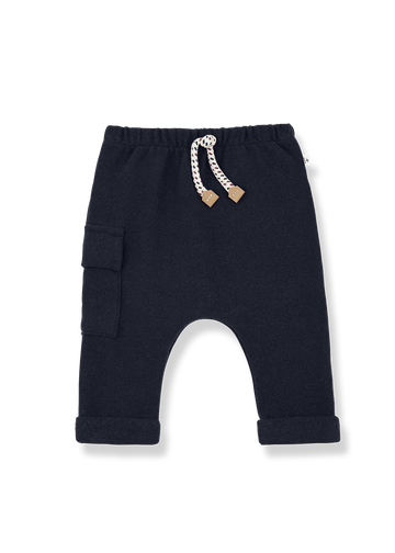 Navy baby pants with a drawstring on a white background