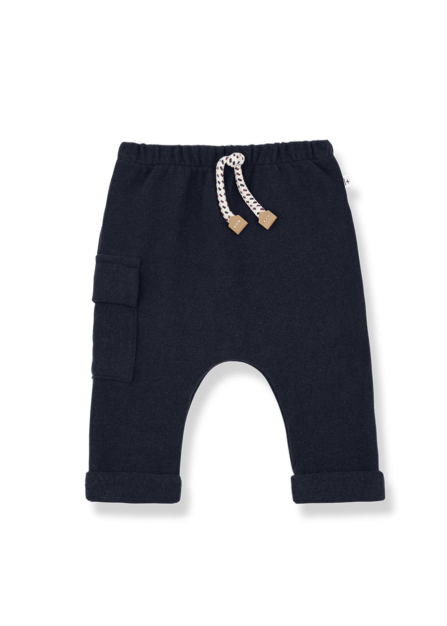 Navy baby pants with a drawstring on a white background