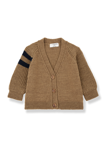 Brown knitted cardigan with a striped sleeve on a white background