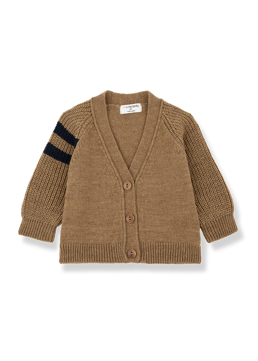 Brown knitted cardigan with a striped sleeve on a white background