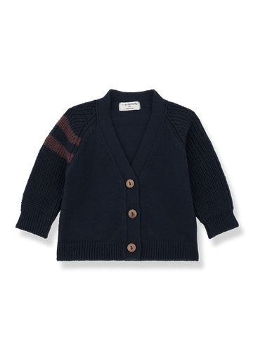 Navy blue cardigan with brown buttons on a white background