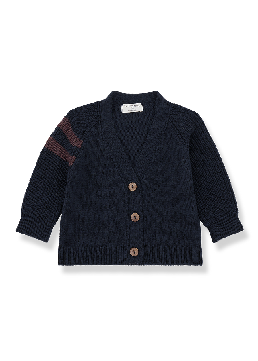 Navy blue cardigan with brown buttons on a white background