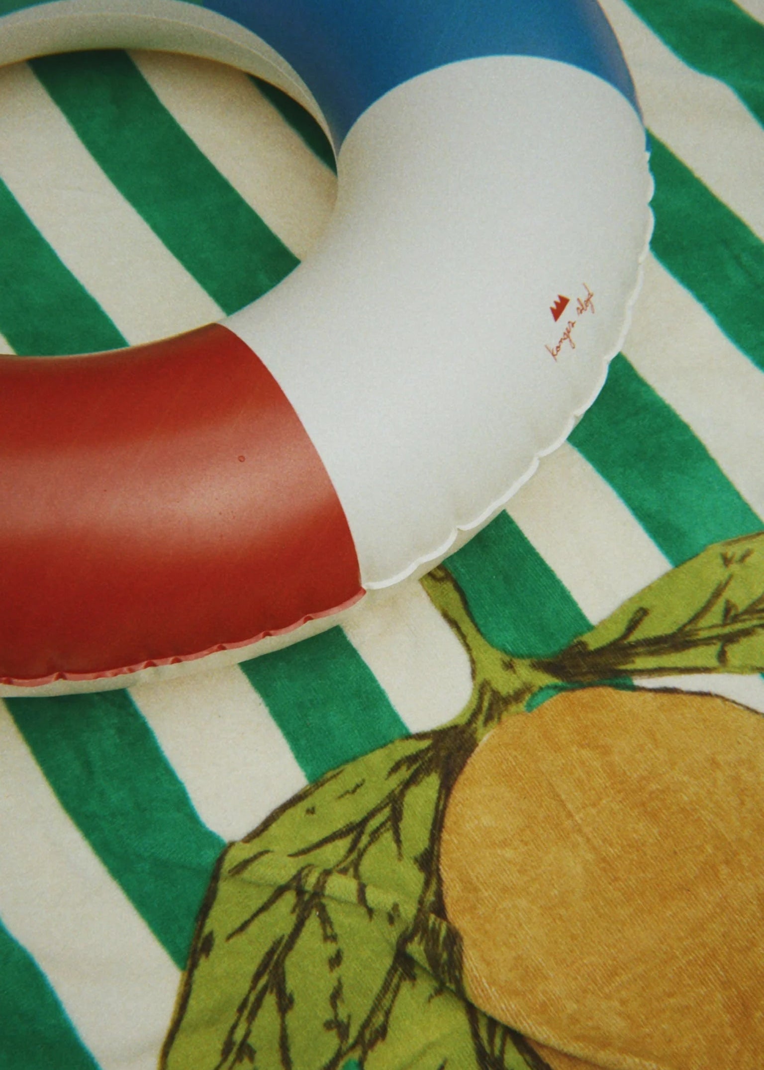 Inflatable ring with red and blue colors on a green and white striped background