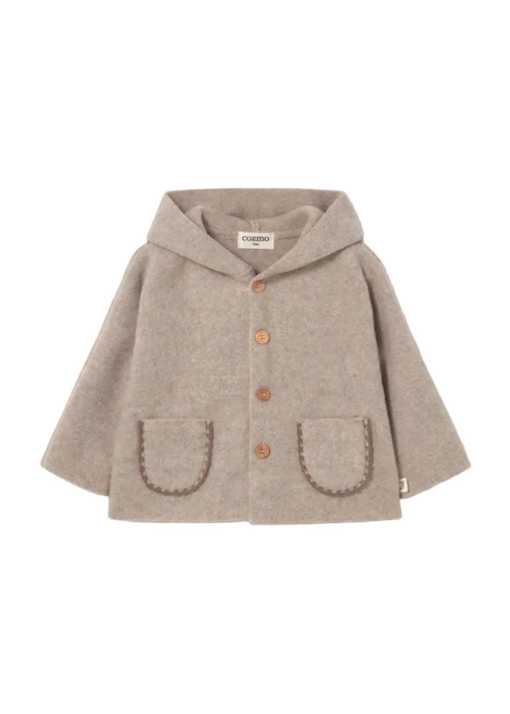 A beige hooded cardigan with brown buttons and decorative brown trim on the front pockets, shown flat on a light gray background.