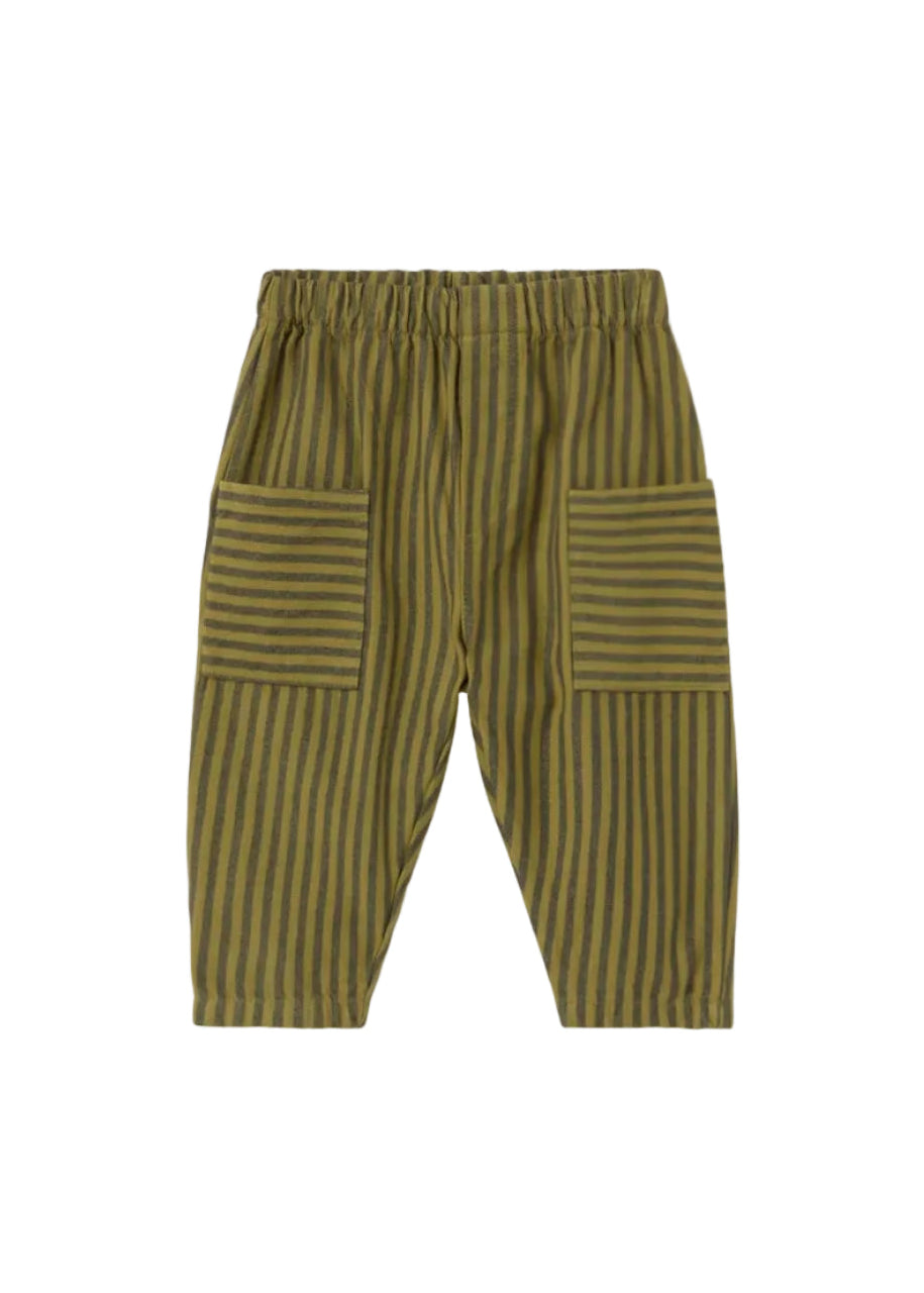 Striped pants with patch pockets on a white background