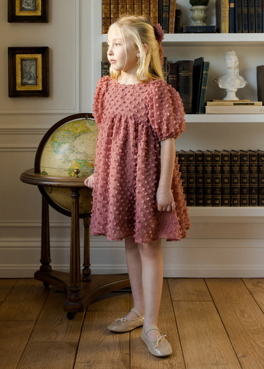 Young girl in a pink dress standing in a room with a bookshelf and globe.