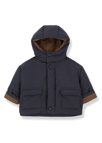 Navy blue children's jacket with brown accents on a white background