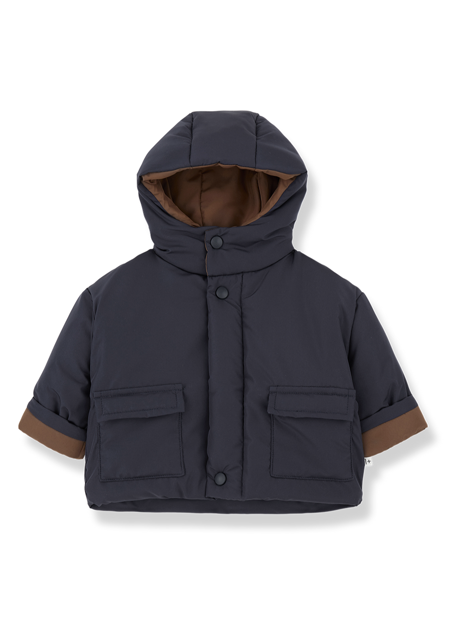 Navy blue children's jacket with brown accents on a white background