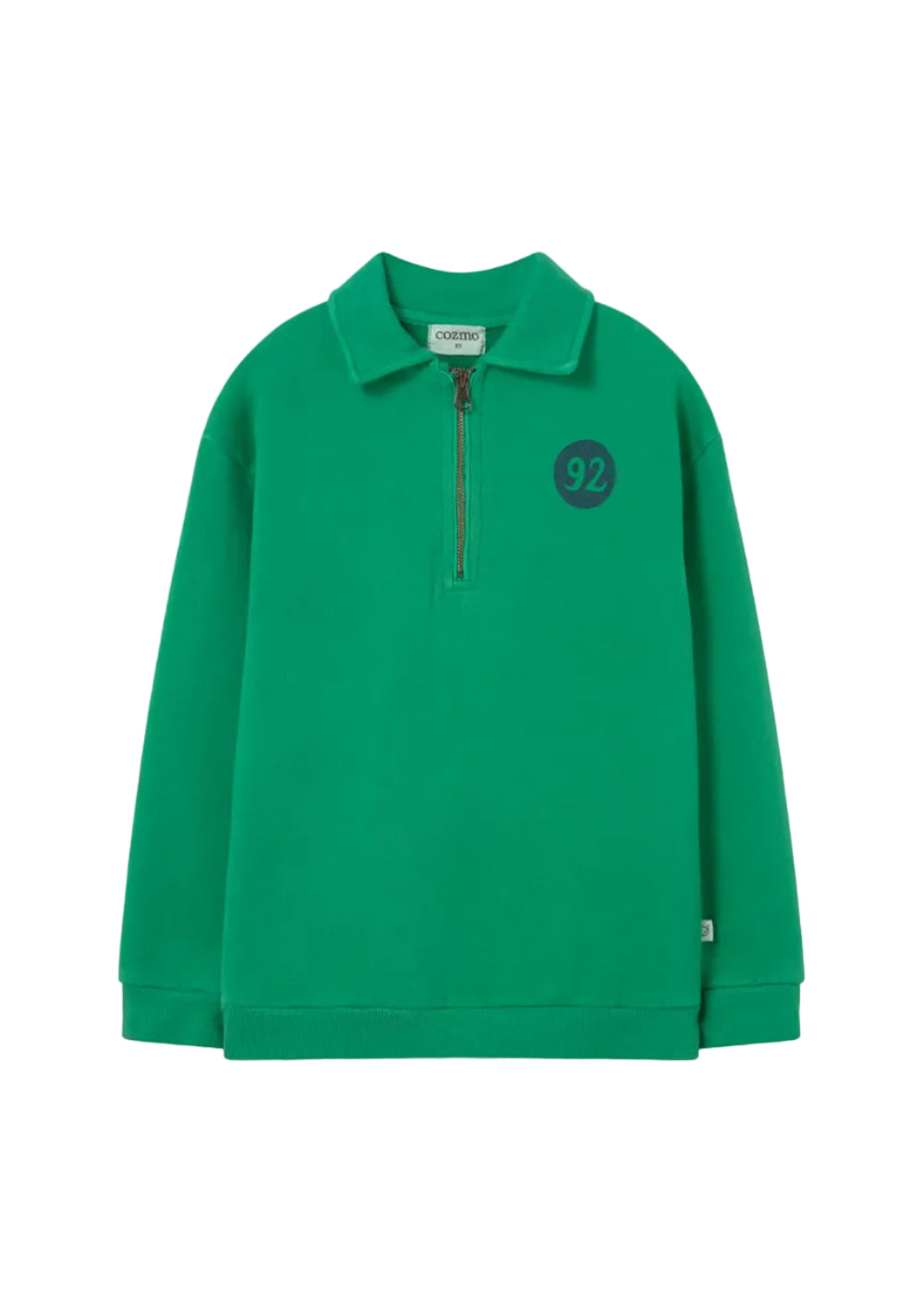 Green sweatshirt with a small logo on a light gray background