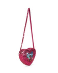 Heart-shaped pink glitter bag with a blue butterfly design on a white background