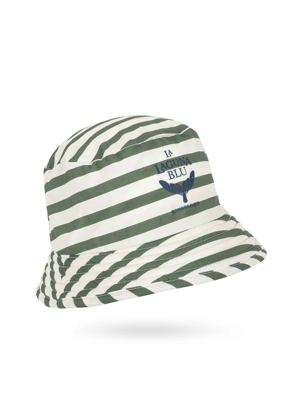 Green and white striped bucket hat with a logo on a white background