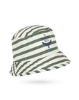 Green and white striped bucket hat with a logo on a white background