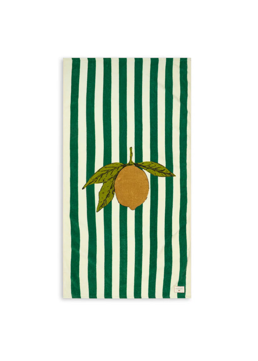 Striped towel with a lemon design on a white background