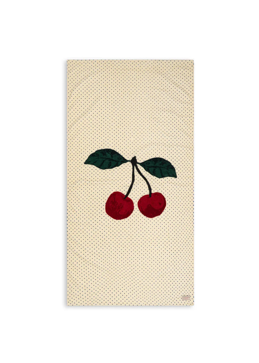 Beige towel with red cherries and green leaves on a white background