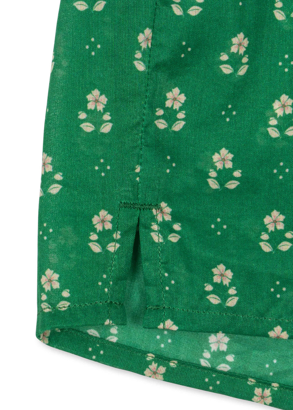 Green fabric with white floral pattern on a white background