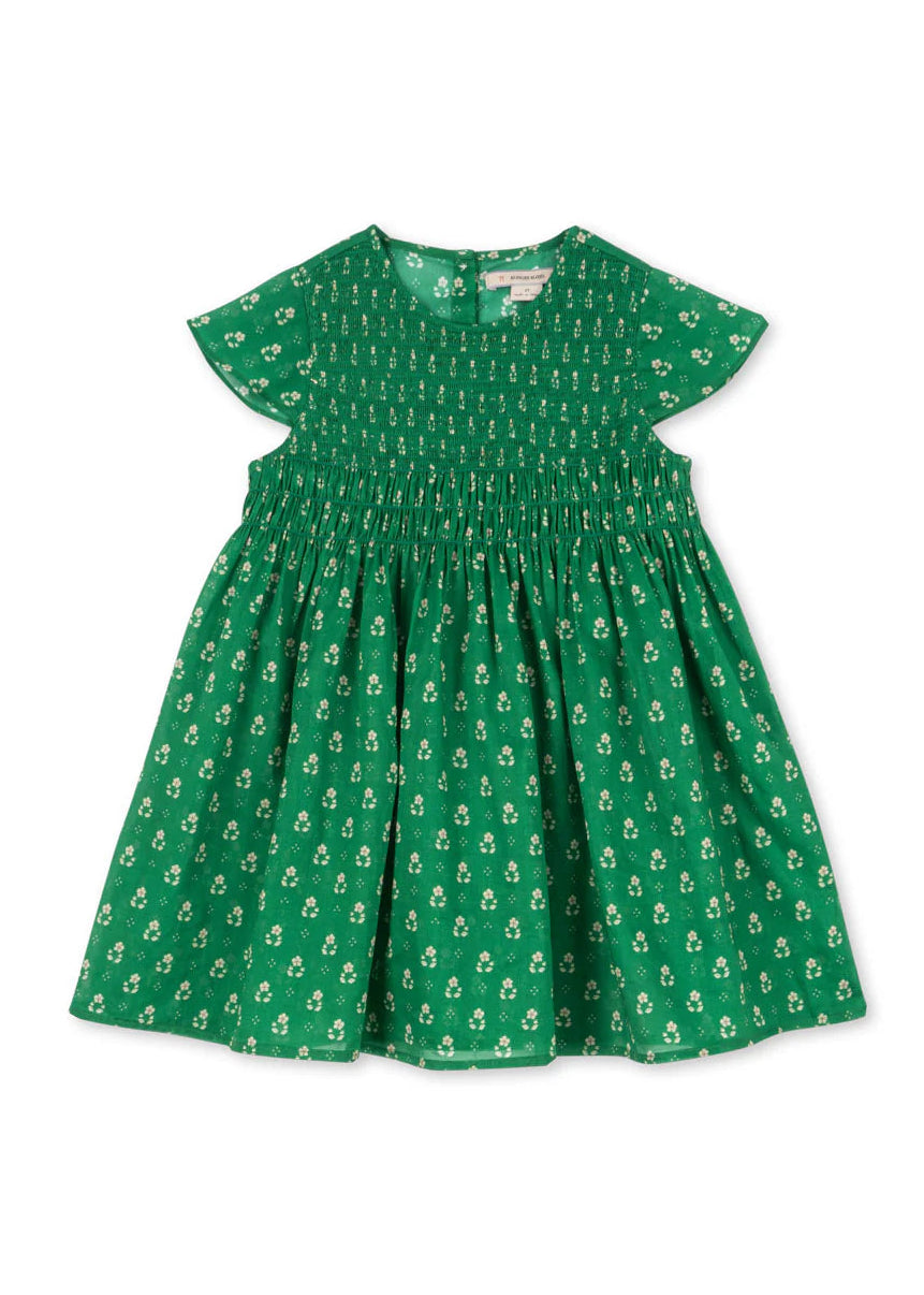 Green dress with floral pattern on a white background