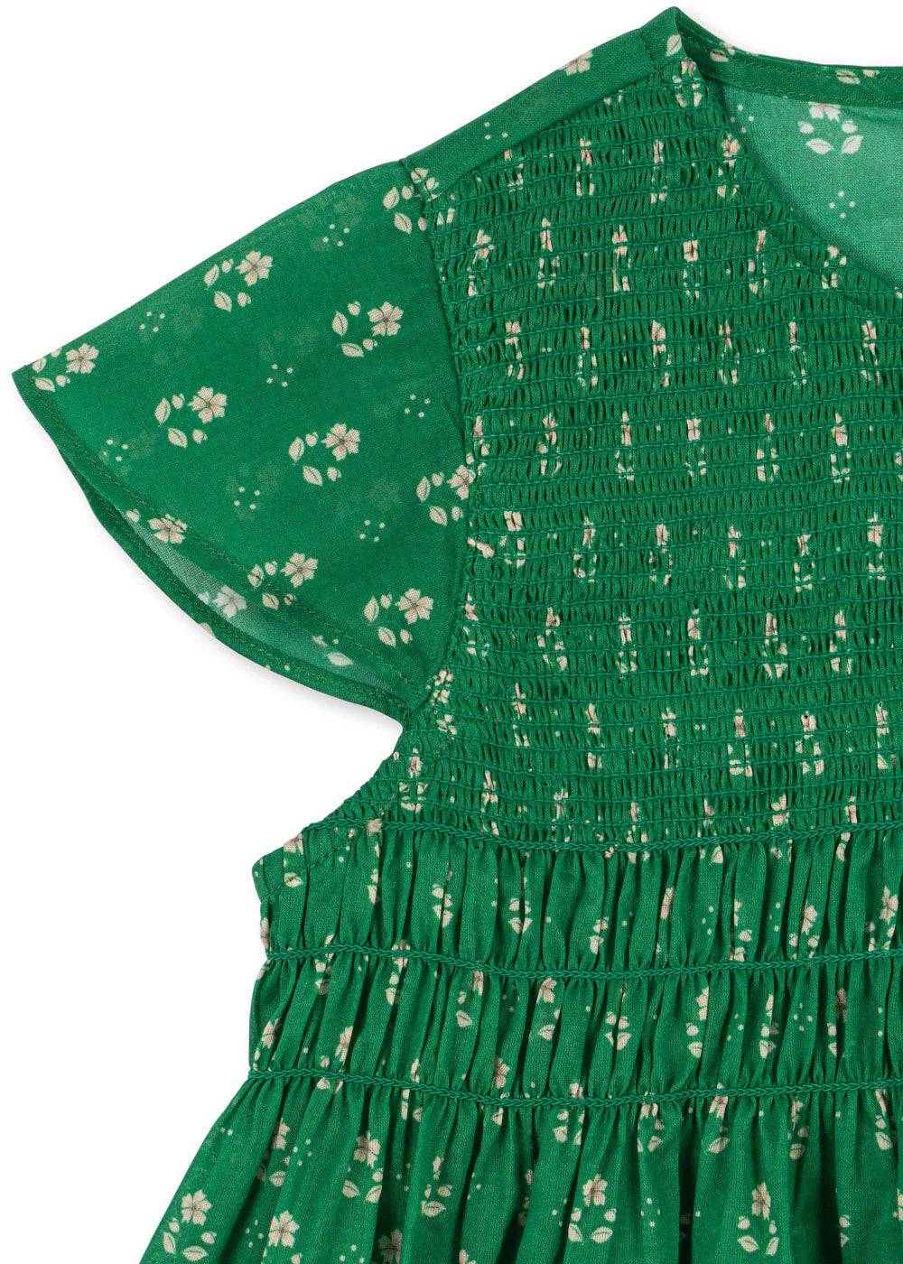 Green dress with floral pattern on a white background