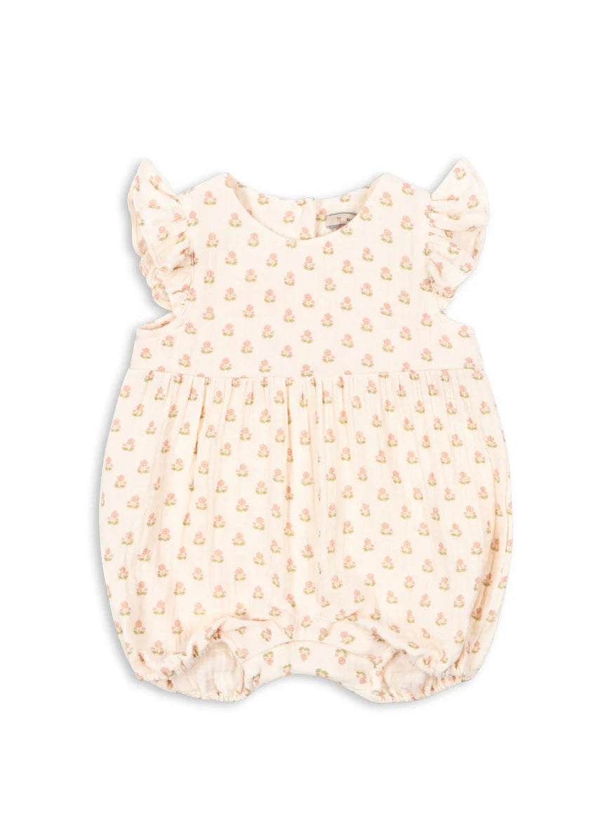 Baby romper with bear ears and floral pattern on a white background