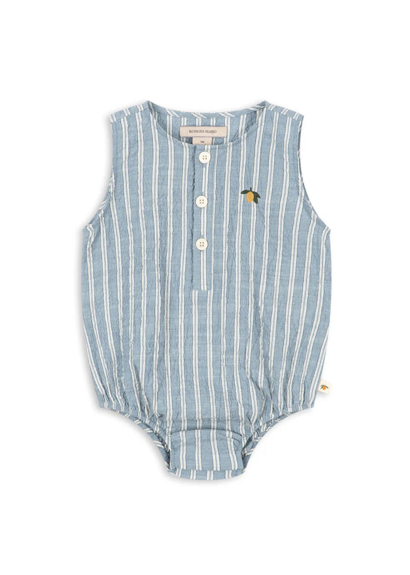 Blue and white striped baby romper on a white background