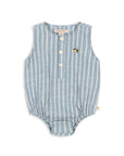 Blue and white striped baby romper on a white background