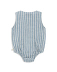 Blue and white striped baby romper on a white background