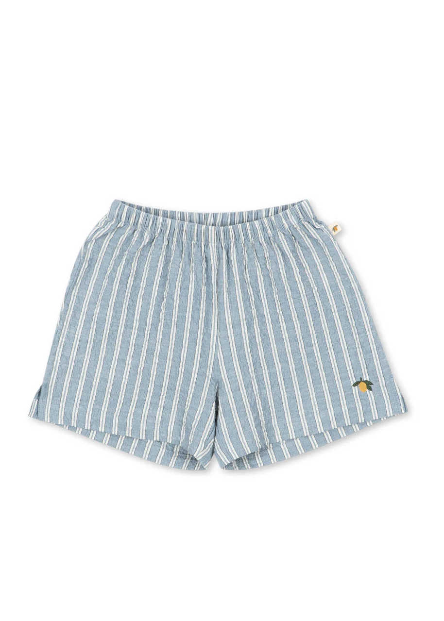 Blue and white striped shorts on a white background