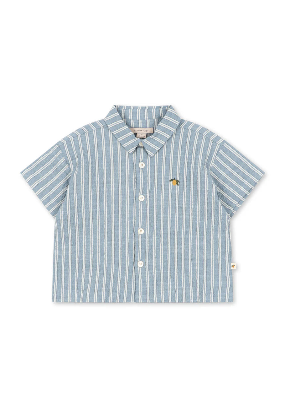 Blue and white striped shirt on a white background