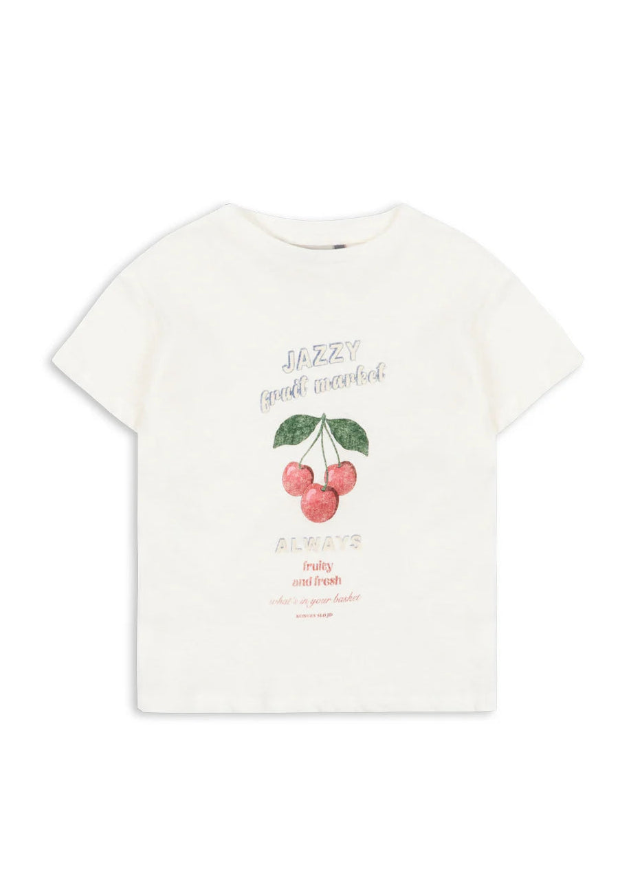 White t-shirt with cherry graphic and text on a white background