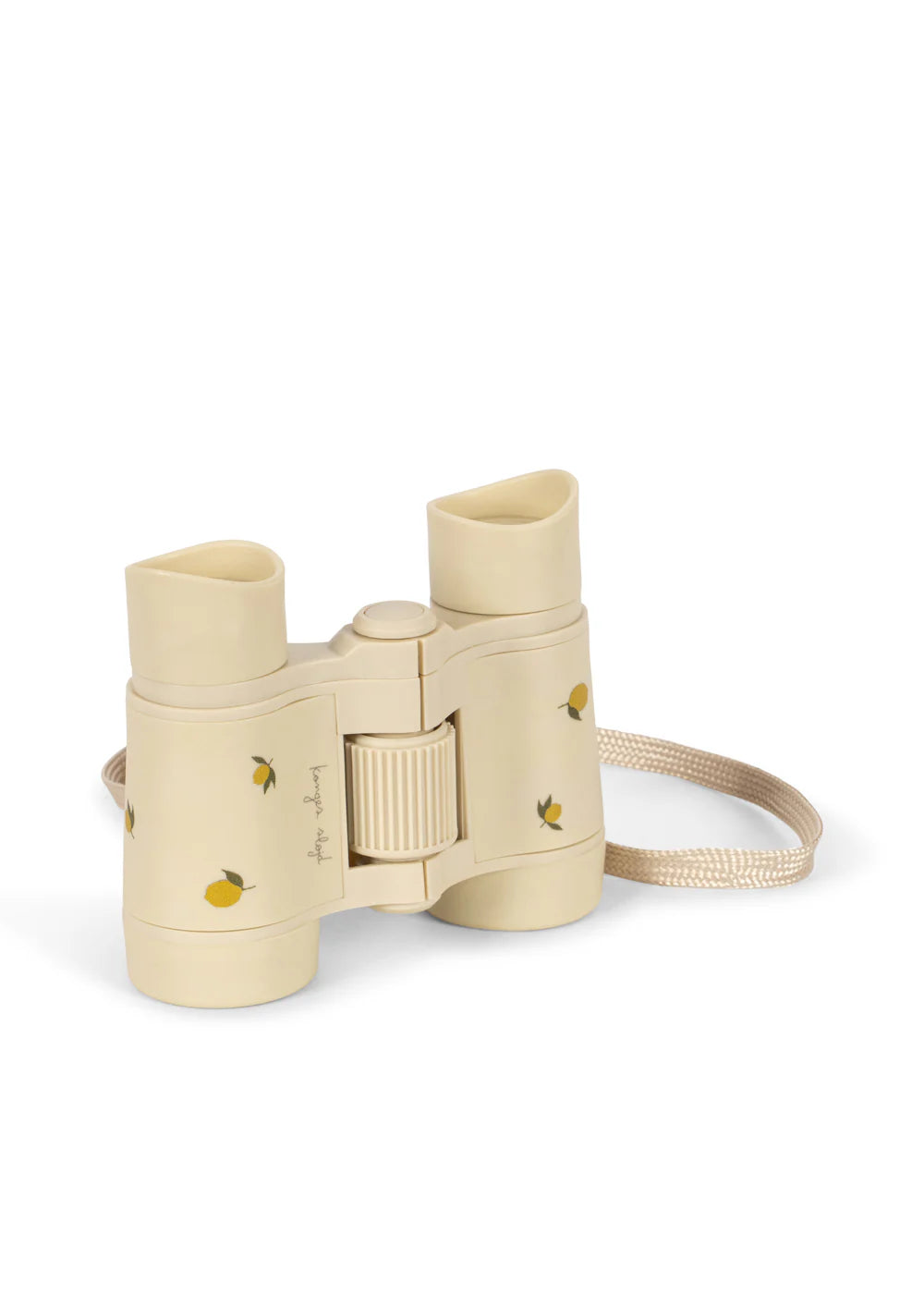 Beige binoculars with a strap on a white background