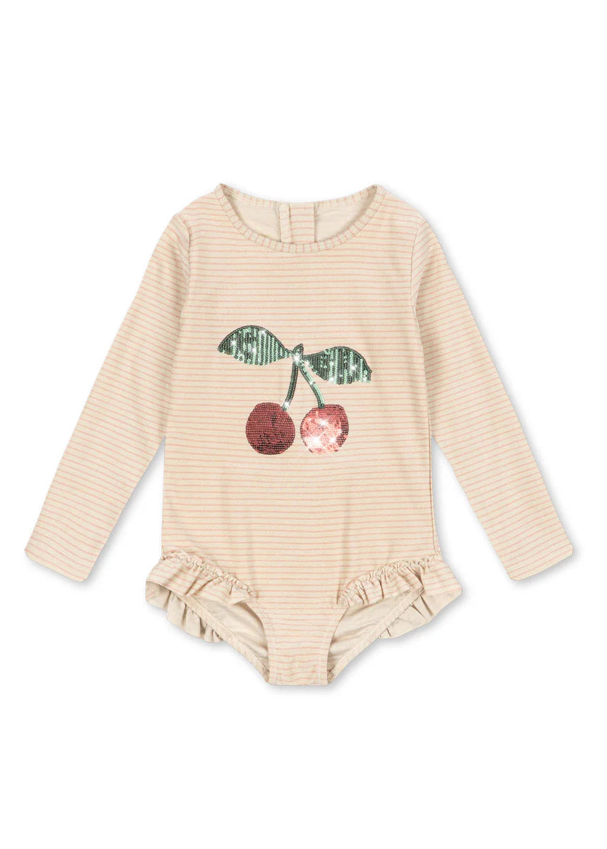 Beige baby bodysuit with cherry design on a white background