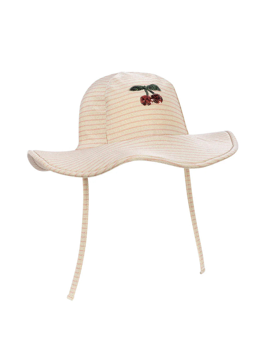 Beige sun hat with cherry design on a white background