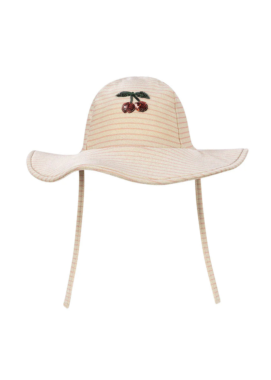 Beige straw hat with cherry design on a white background