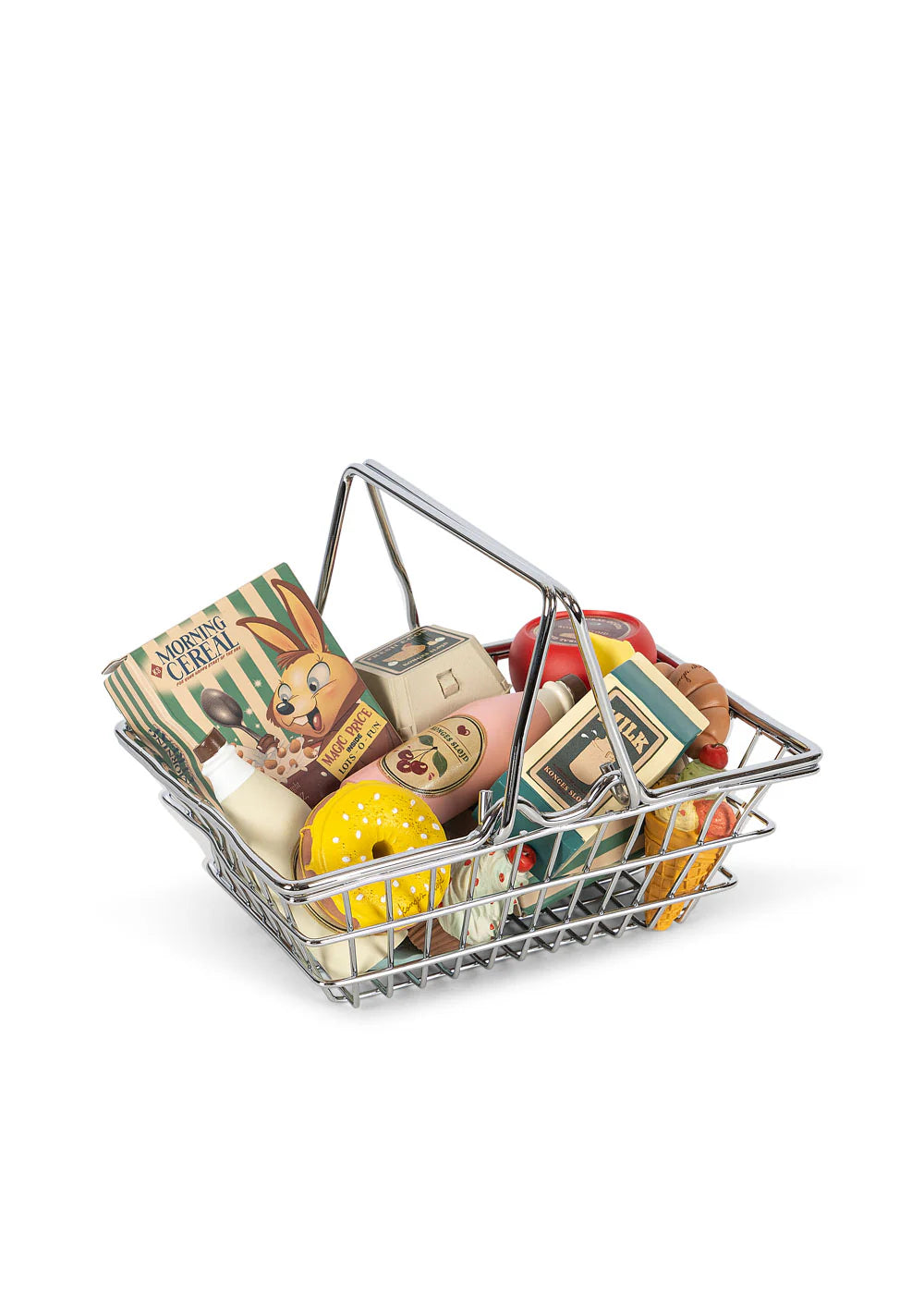 Miniature wire shopping basket filled with model food items on a white background