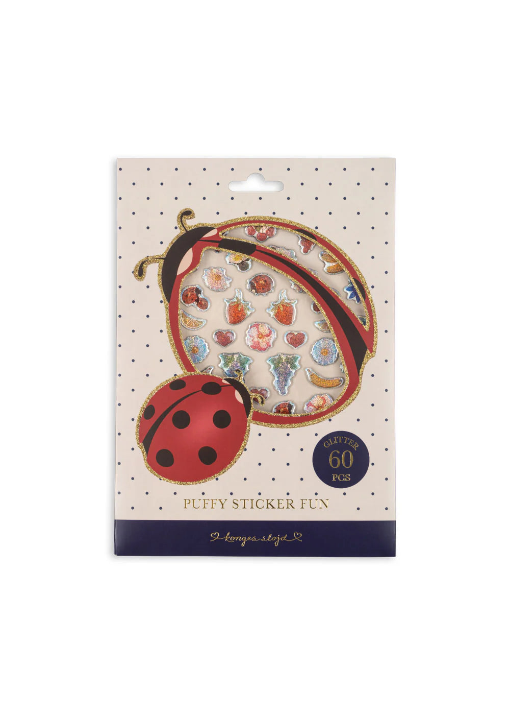 Puffy sticker fun packaging with a ladybug design on a white background