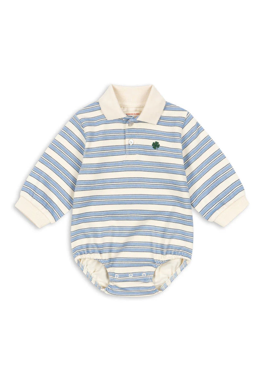 Blue and white striped baby romper with a collar on a white background