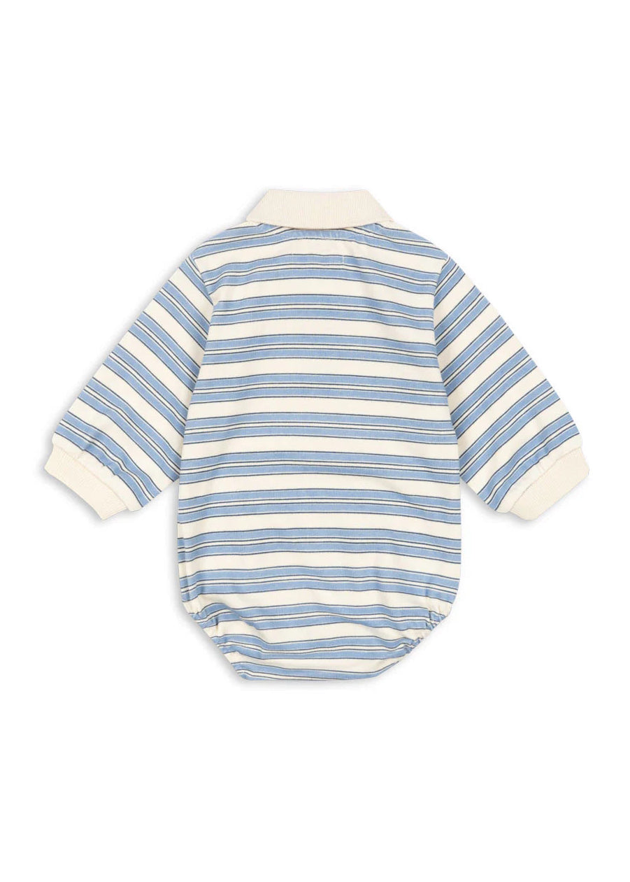 Blue and white striped baby romper on a white background