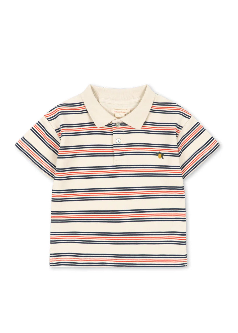 Striped polo shirt with a brand logo on a white background