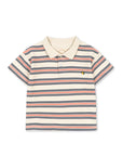 Striped polo shirt with a brand logo on a white background