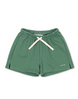Green shorts with a white drawstring on a white background
