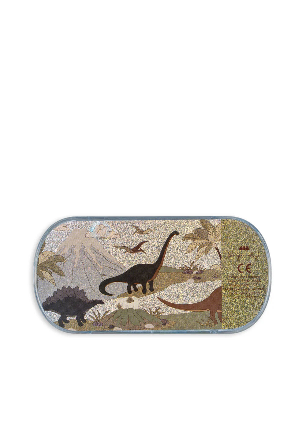 Rectangular tin with dinosaur design on a white background