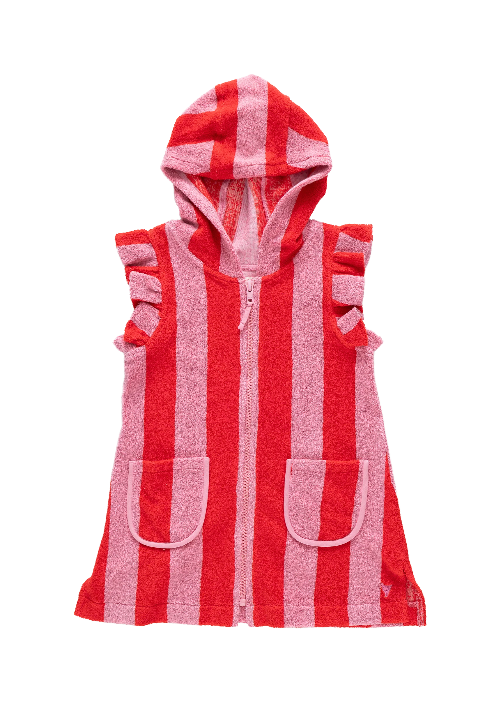 Red and white striped children's poncho with hood on a white background