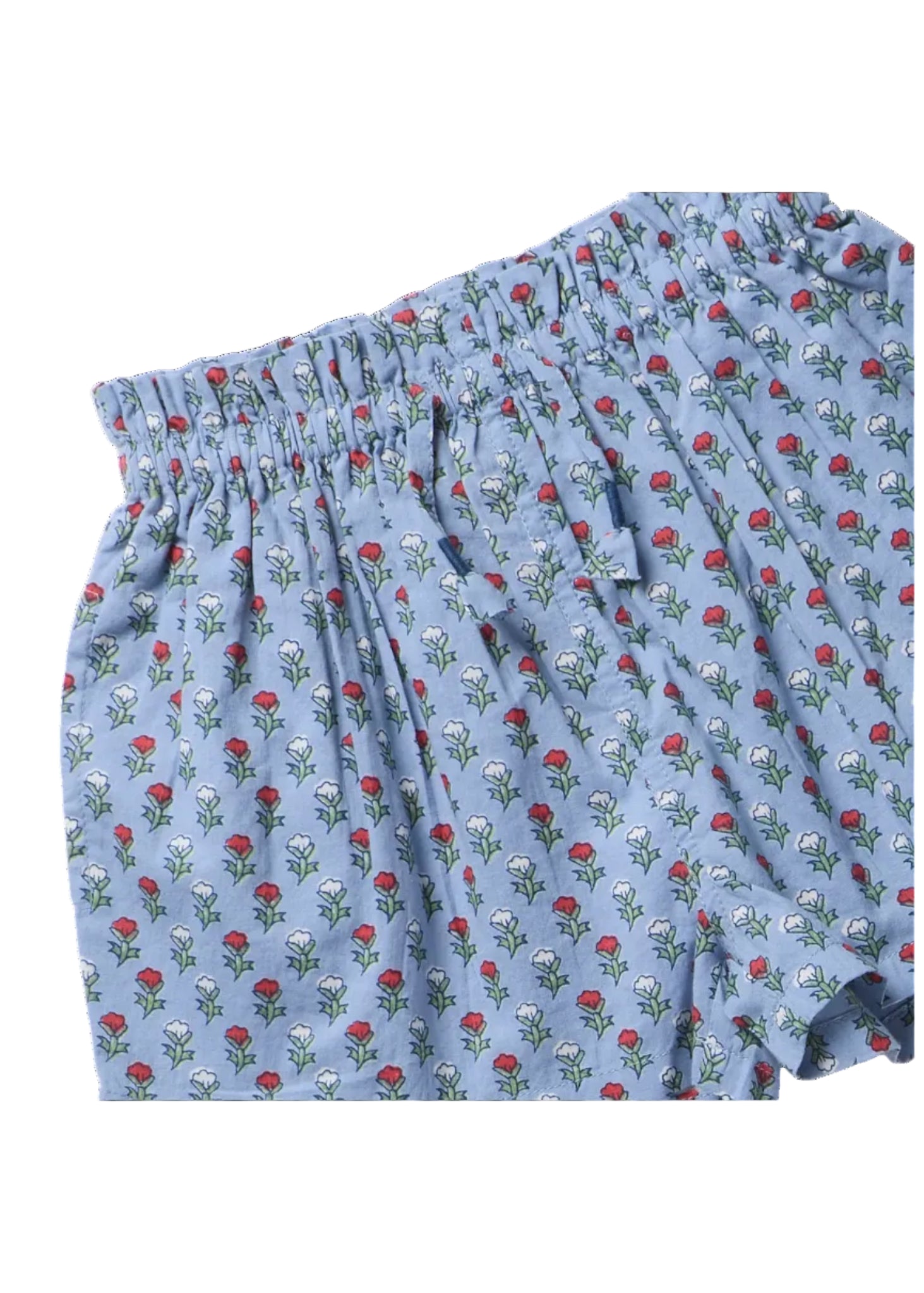 Light blue shorts with an all-over red and white floral print, featuring an elastic waistband and drawstring.
