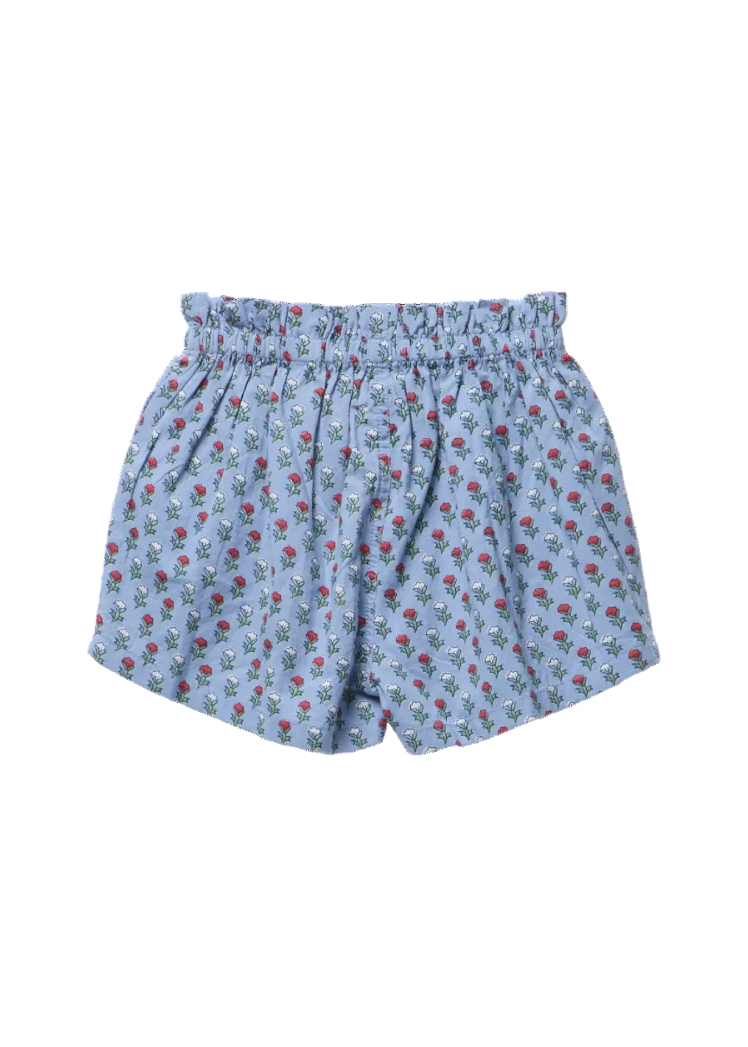 Light blue cotton boxer shorts with an all-over red rose and green leaf pattern, featuring a gathered elastic waistband.
