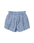Light blue cotton boxer shorts with an all-over red rose and green leaf pattern, featuring a gathered elastic waistband.