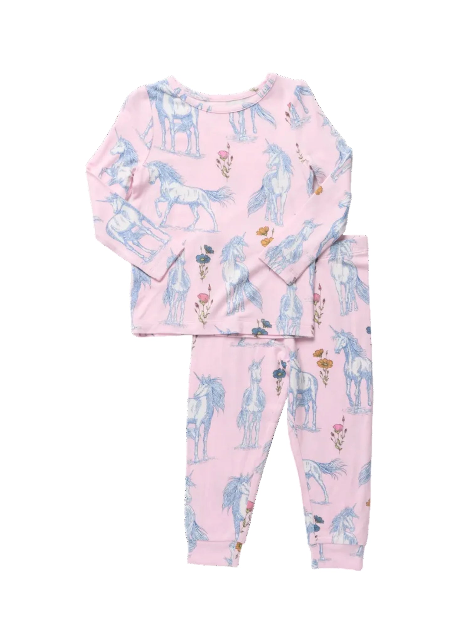 A two-piece children's pajama set featuring a light pink long-sleeve top and matching pants, both printed with a whimsical pattern of blue horses, unicorns, and small flowers.
