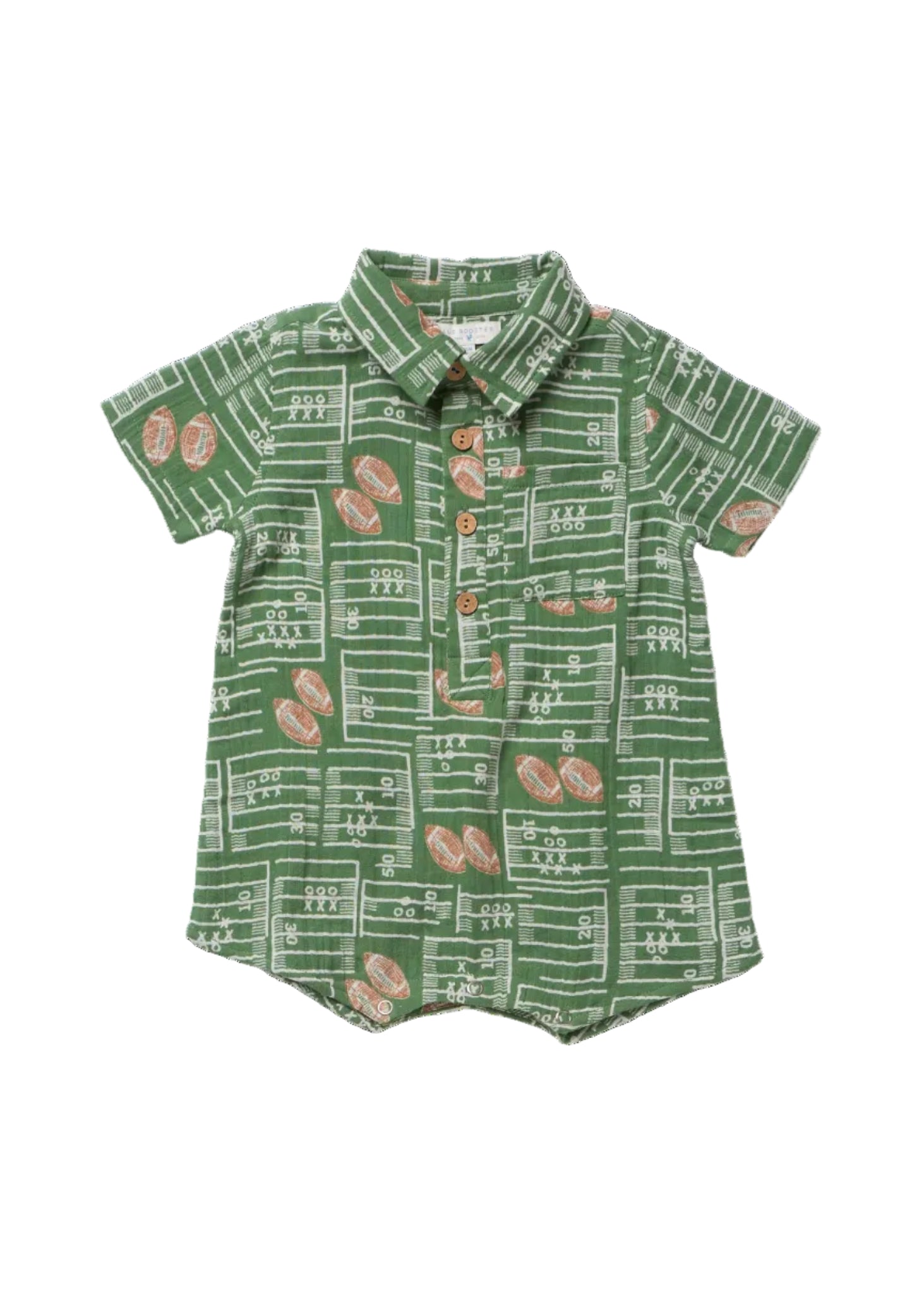 A baby short-sleeve button-up shirt in green with a white football field line pattern and brown football motifs, featuring a pointed collar and brown buttons.