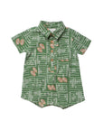 A baby short-sleeve button-up shirt in green with a white football field line pattern and brown football motifs, featuring a pointed collar and brown buttons.