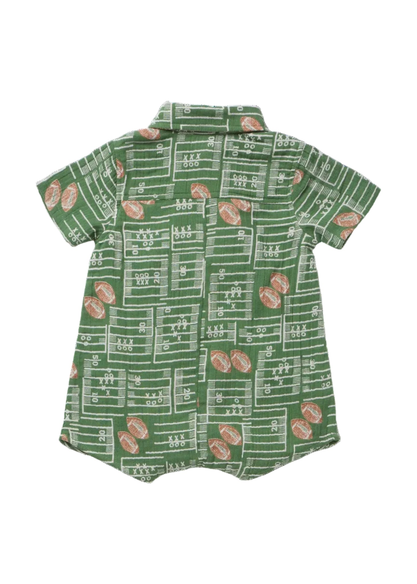 A short-sleeve button-up shirt for pets, featuring a green and white football field pattern with printed brown footballs, shown against a plain white background.