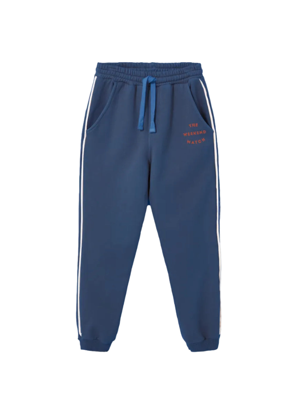 Blue sweatpants with white stripes on a light gray background