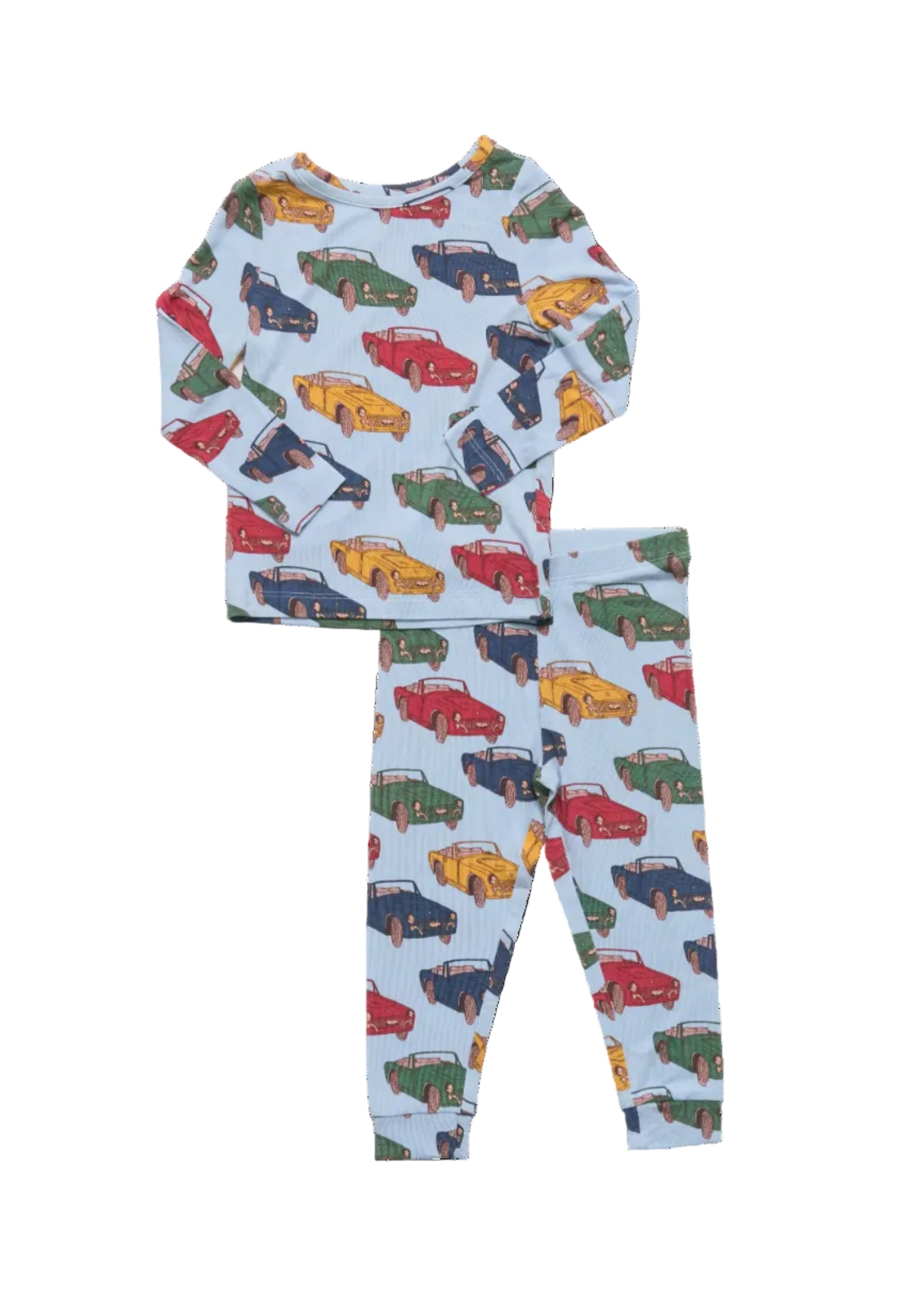 A two-piece children's pajama set featuring a light blue long-sleeve top and matching pants, both printed with a colorful retro car pattern.